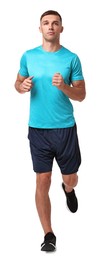 Photo of Man in sportswear running on white background