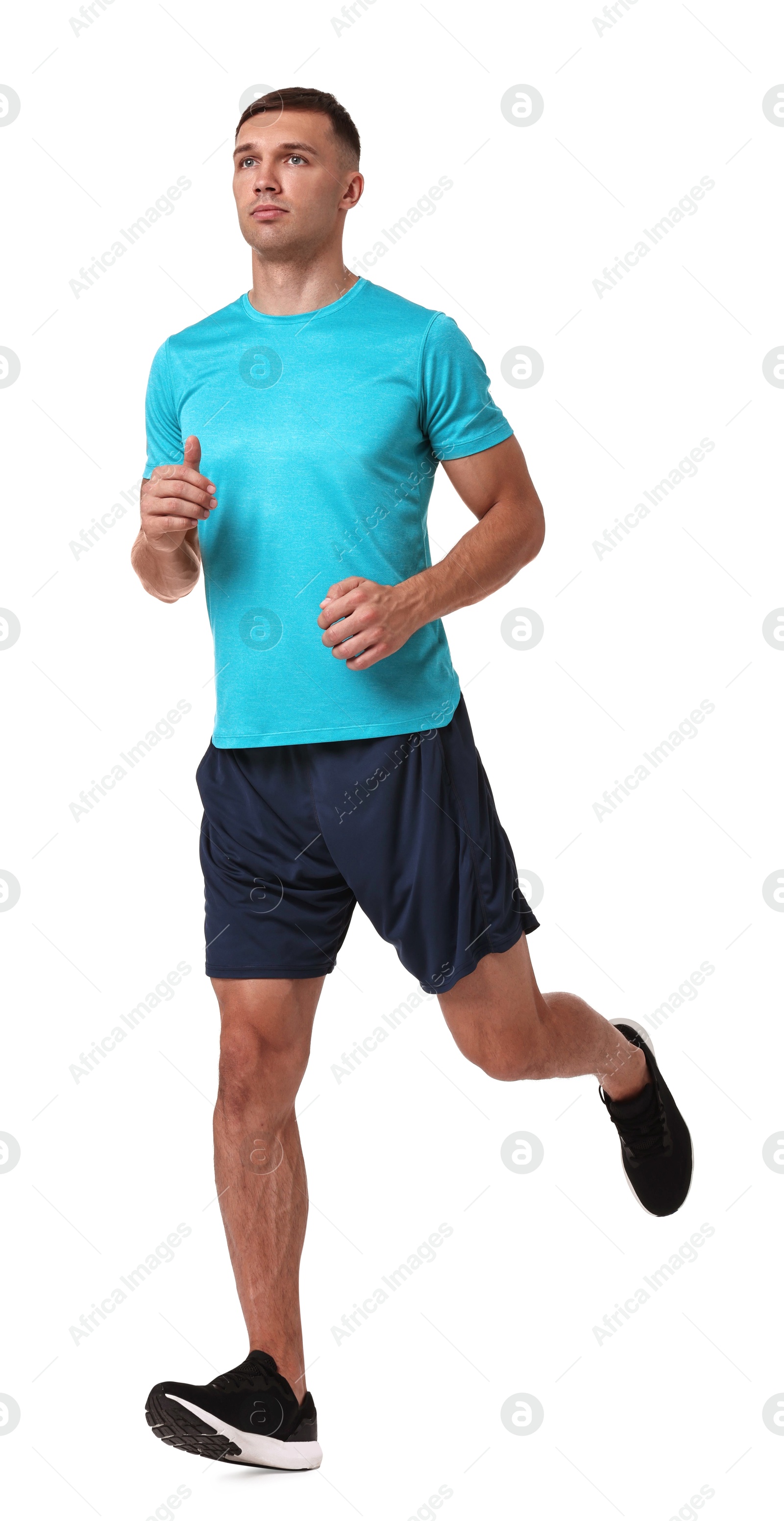 Photo of Man in sportswear running on white background