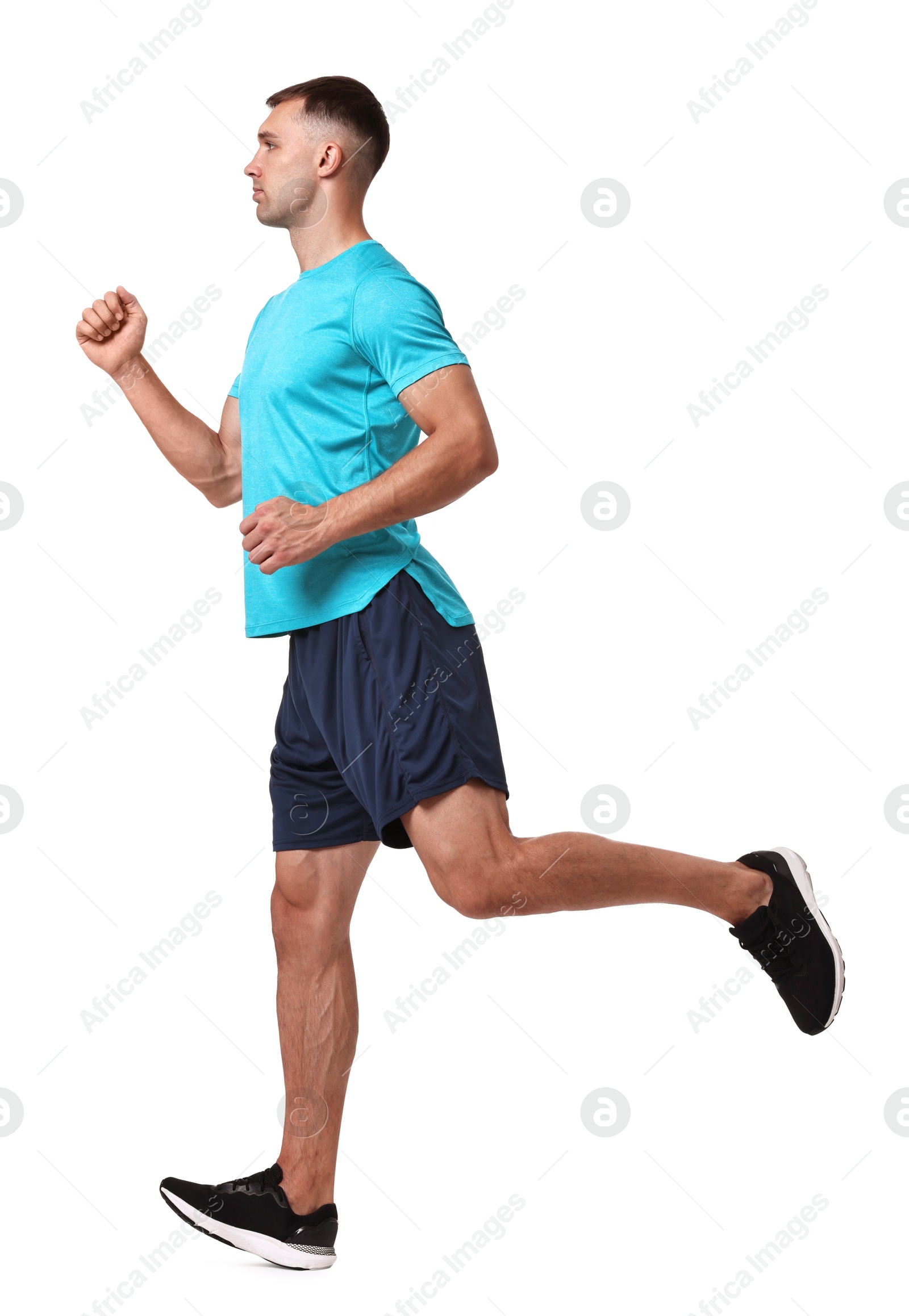 Photo of Man in sportswear running on white background