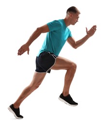 Photo of Man in sportswear running on white background