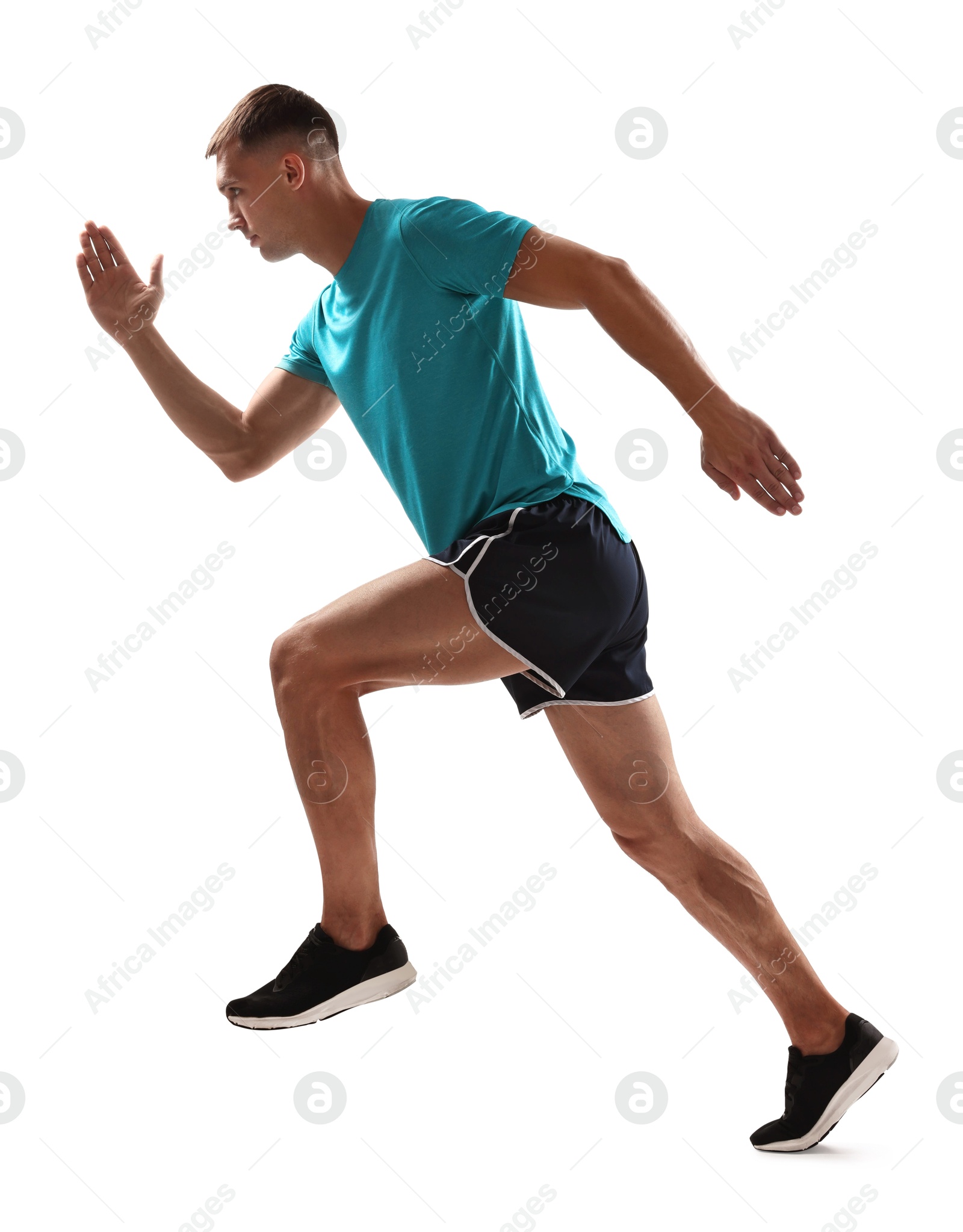 Photo of Man in sportswear running on white background