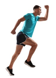 Photo of Man in sportswear running on white background