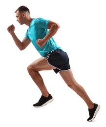 Man in sportswear running on white background