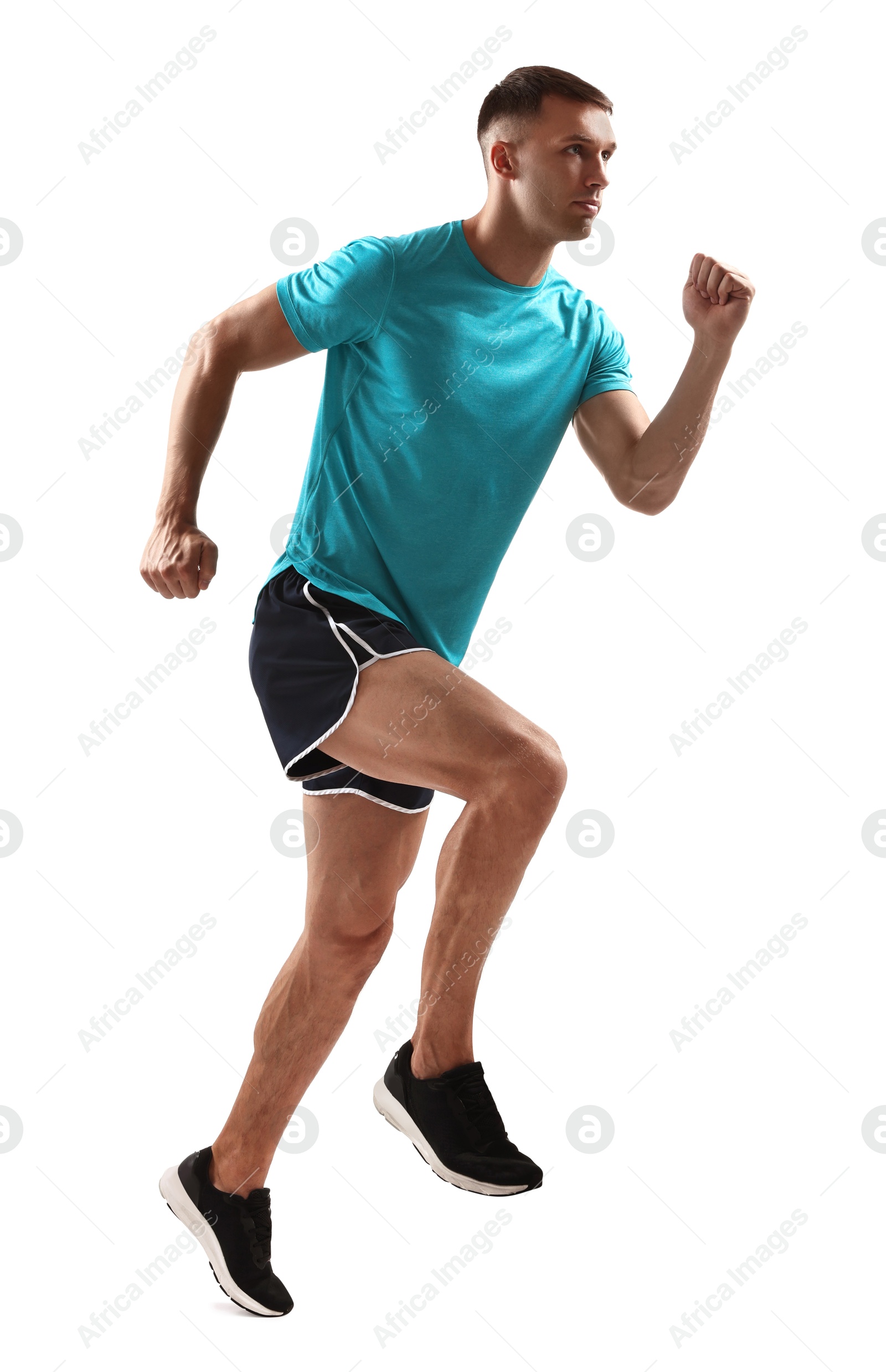 Photo of Man in sportswear running on white background