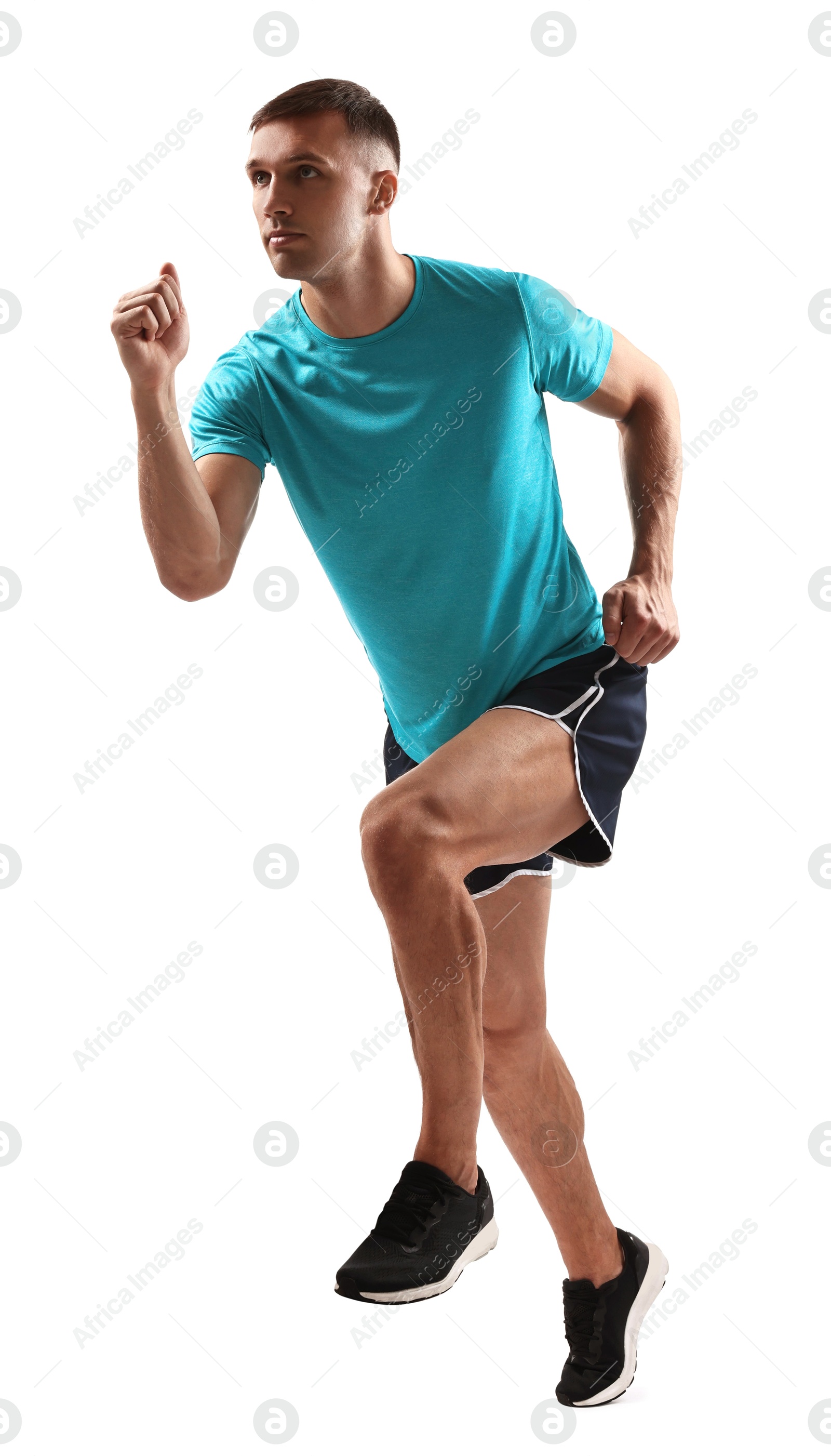 Photo of Man in sportswear running on white background