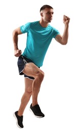 Photo of Man in sportswear running on white background