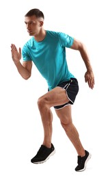 Man in sportswear running on white background