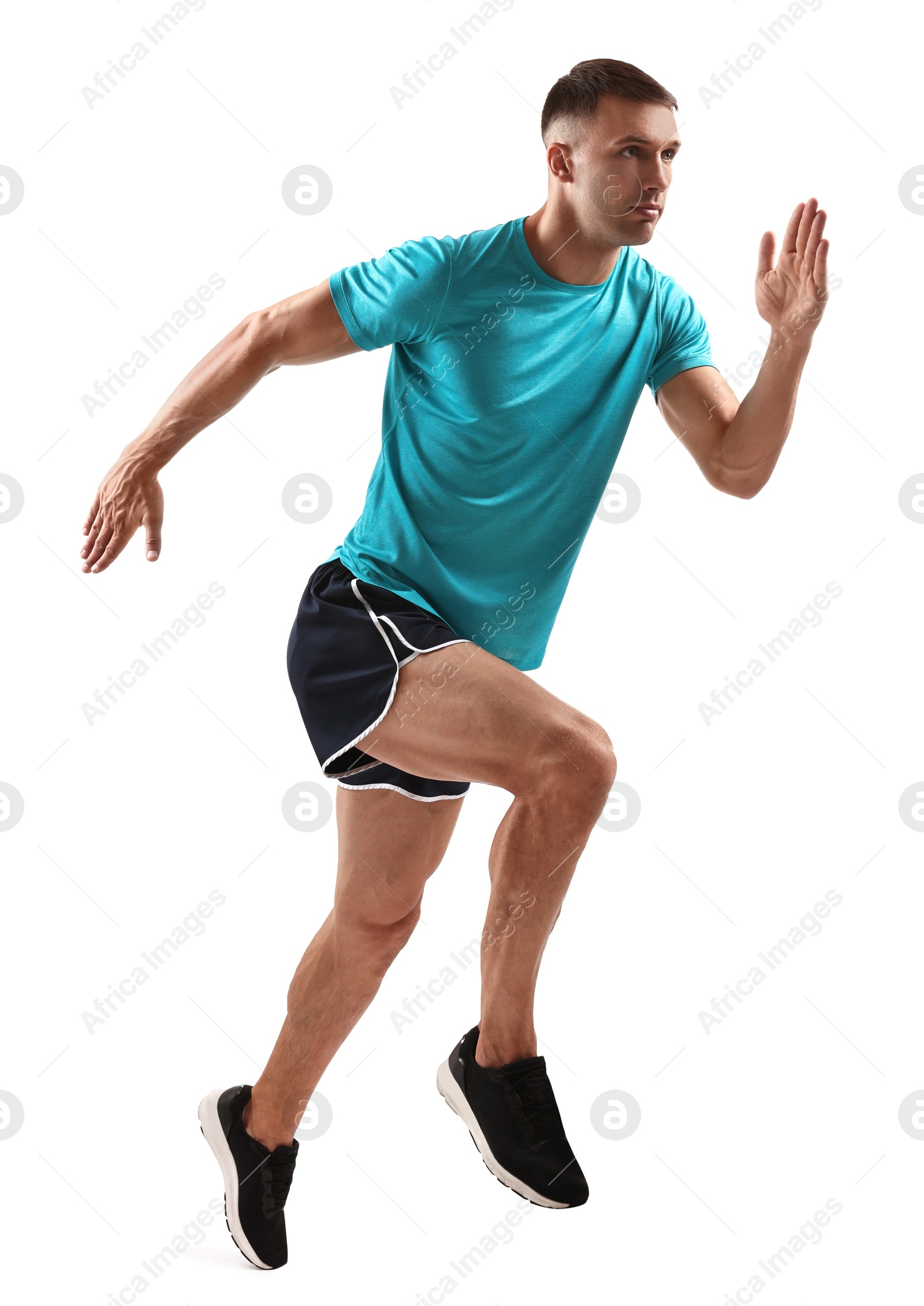 Photo of Man in sportswear running on white background