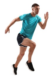 Photo of Man in sportswear running on white background