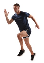 Man in sportswear running on white background