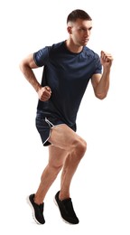 Photo of Man in sportswear running on white background