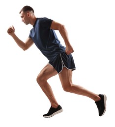 Man in sportswear running on white background