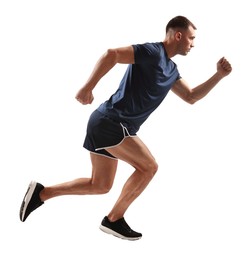 Photo of Man in sportswear running on white background