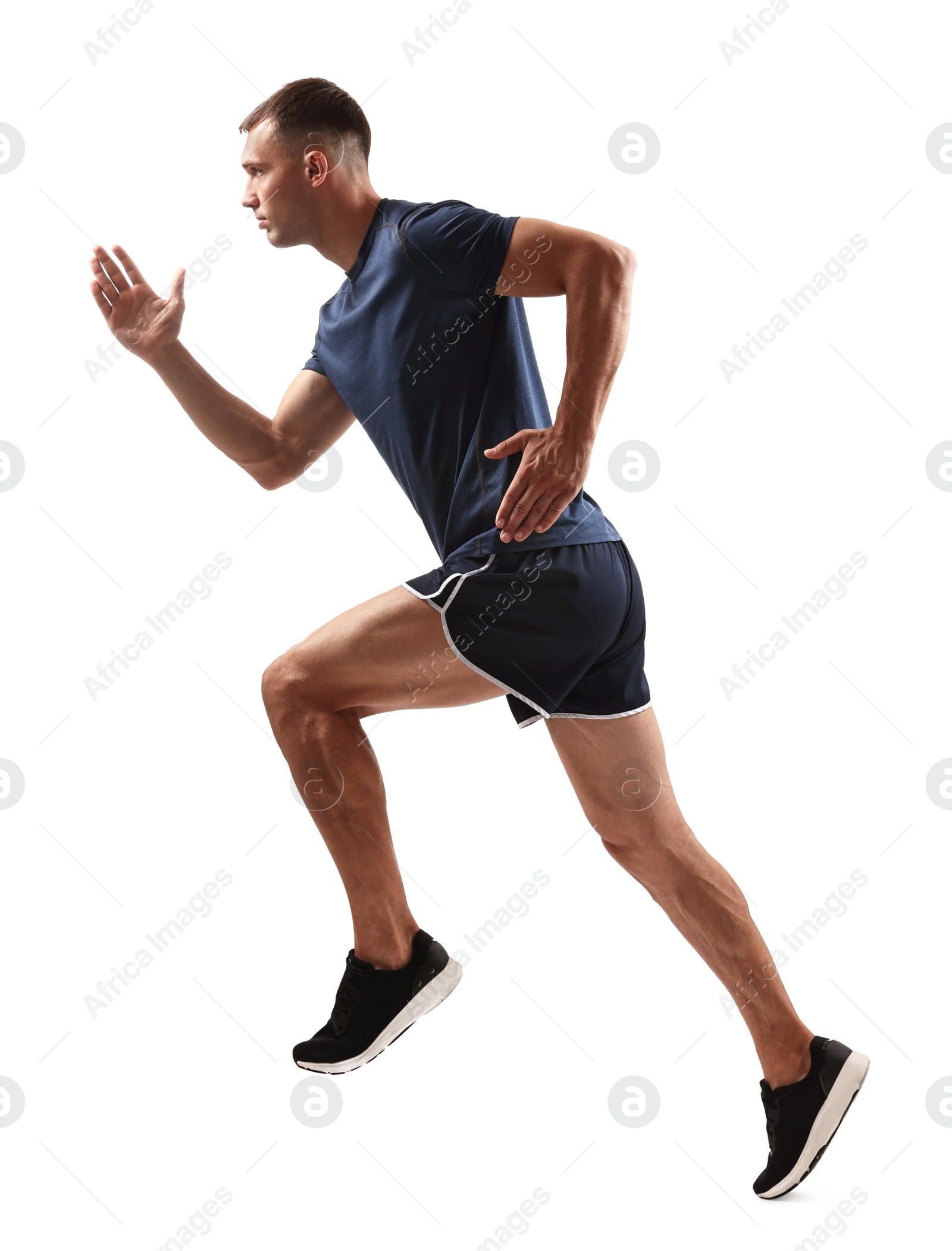 Photo of Man in sportswear running on white background