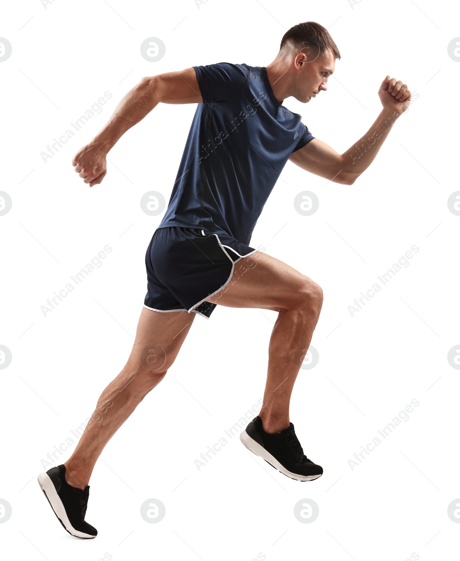 Photo of Man in sportswear running on white background