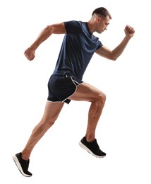 Man in sportswear running on white background