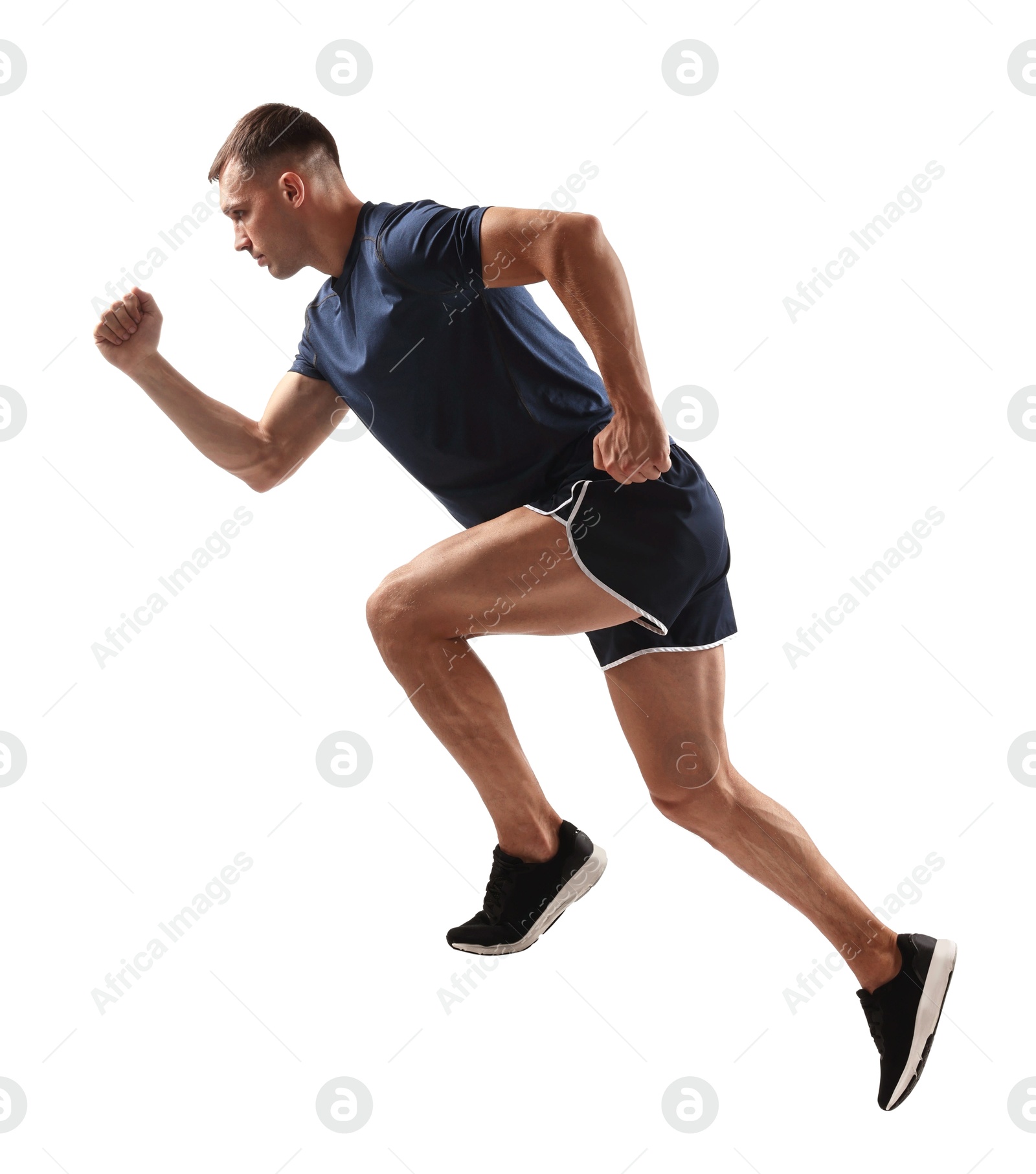 Photo of Man in sportswear running on white background