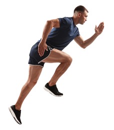 Photo of Man in sportswear running on white background