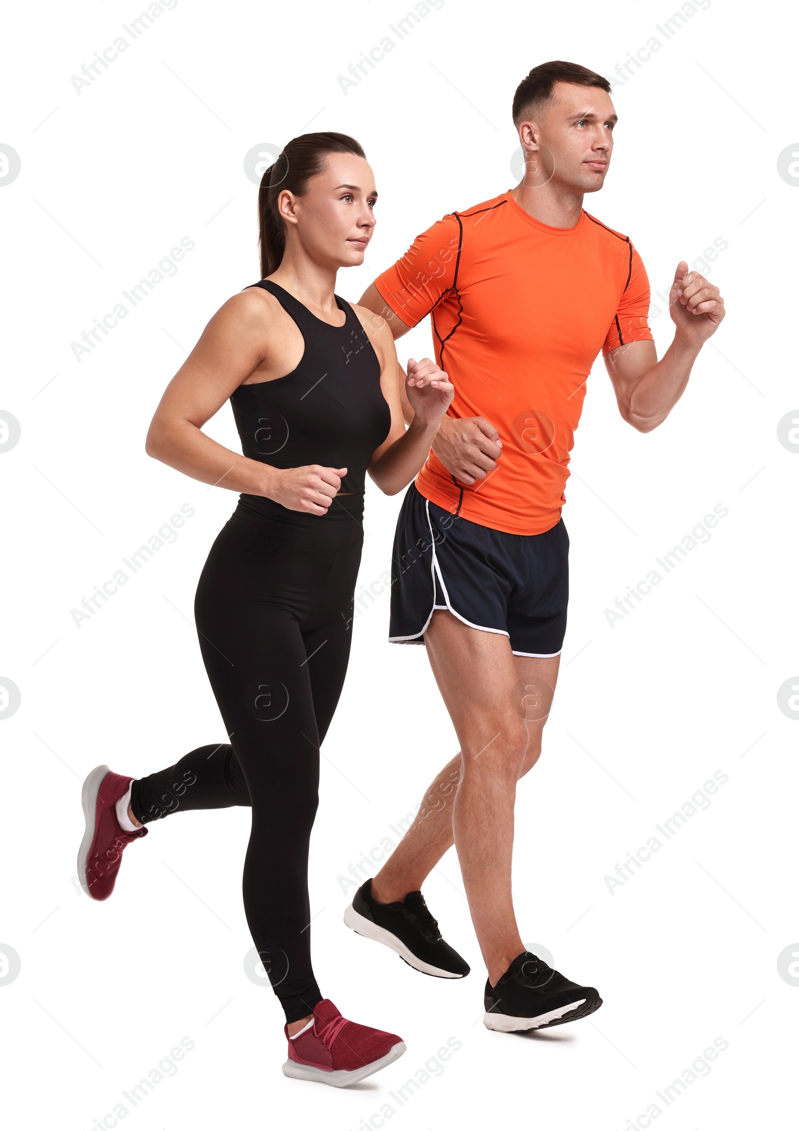 Photo of Woman and man running on white background