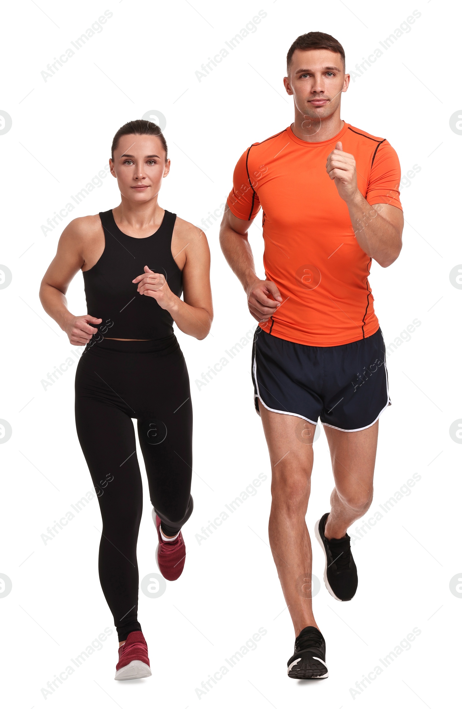 Photo of Woman and man running on white background