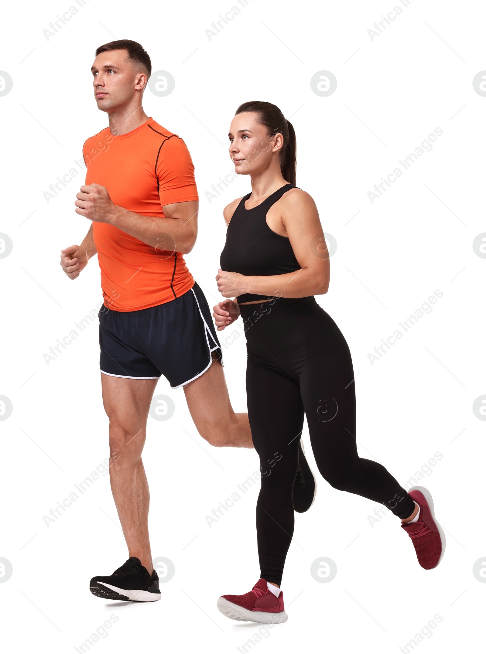 Photo of Woman and man running on white background