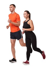 Woman and man running on white background