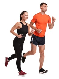 Photo of Woman and man running on white background