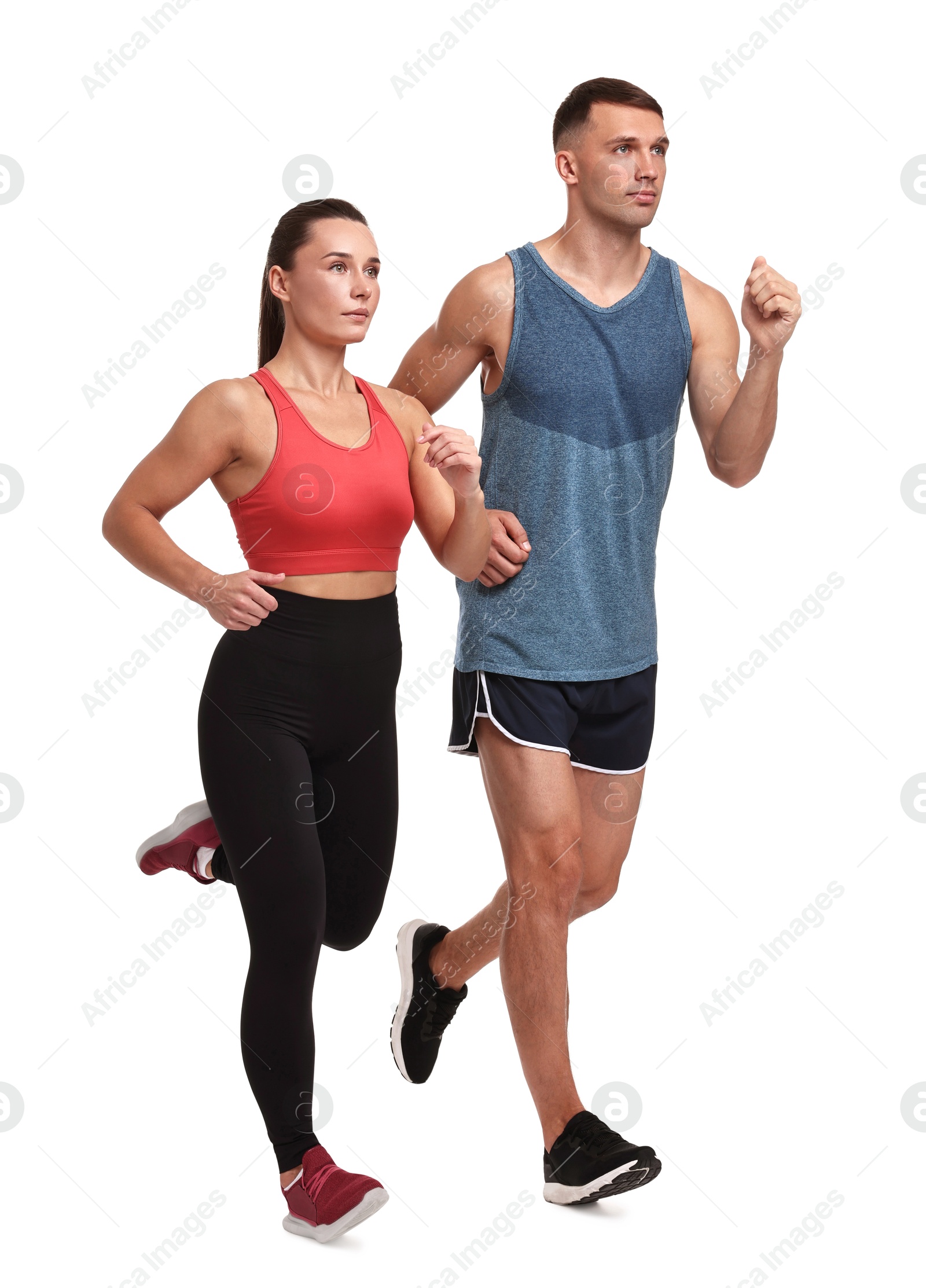 Photo of Woman and man running on white background