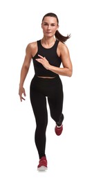 Woman in sportswear running on white background