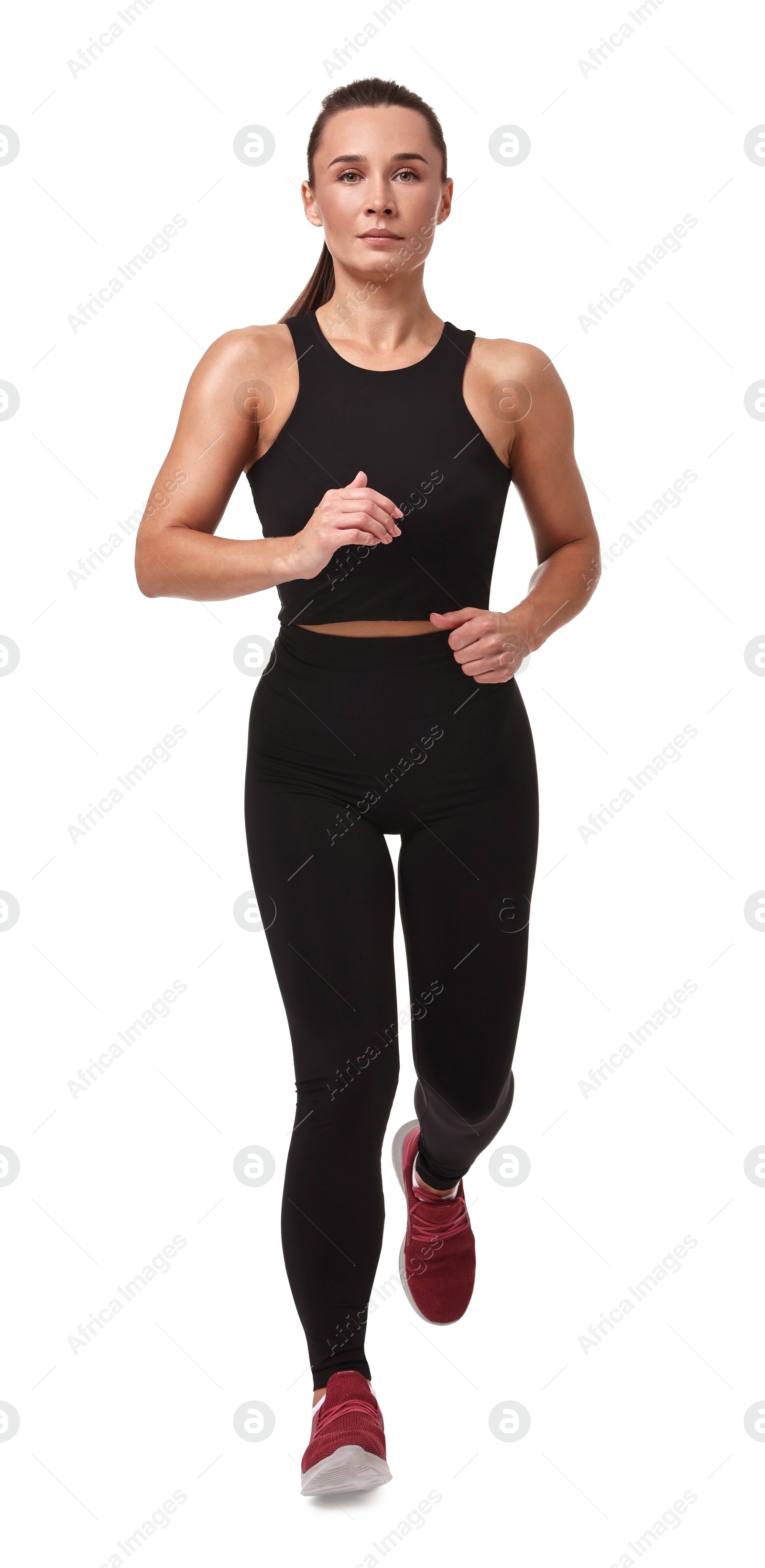 Photo of Woman in sportswear running on white background