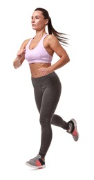 Woman in sportswear running on white background