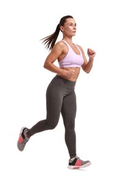 Woman in sportswear running on white background