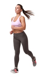 Woman in sportswear running on white background