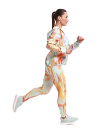 Photo of Woman in sportswear running on white background