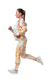 Photo of Woman in sportswear running on white background