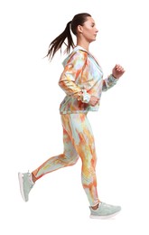 Photo of Woman in sportswear running on white background