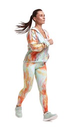 Photo of Woman in sportswear running on white background