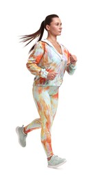 Photo of Woman in sportswear running on white background