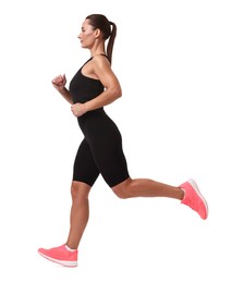 Woman in sportswear running on white background