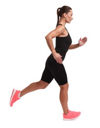 Woman in sportswear running on white background