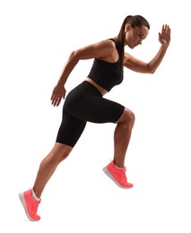 Photo of Woman in sportswear running on white background