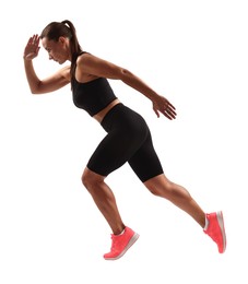 Photo of Woman in sportswear running on white background