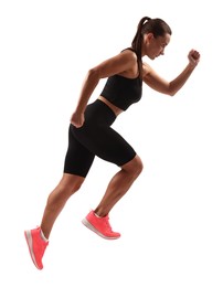 Woman in sportswear running on white background