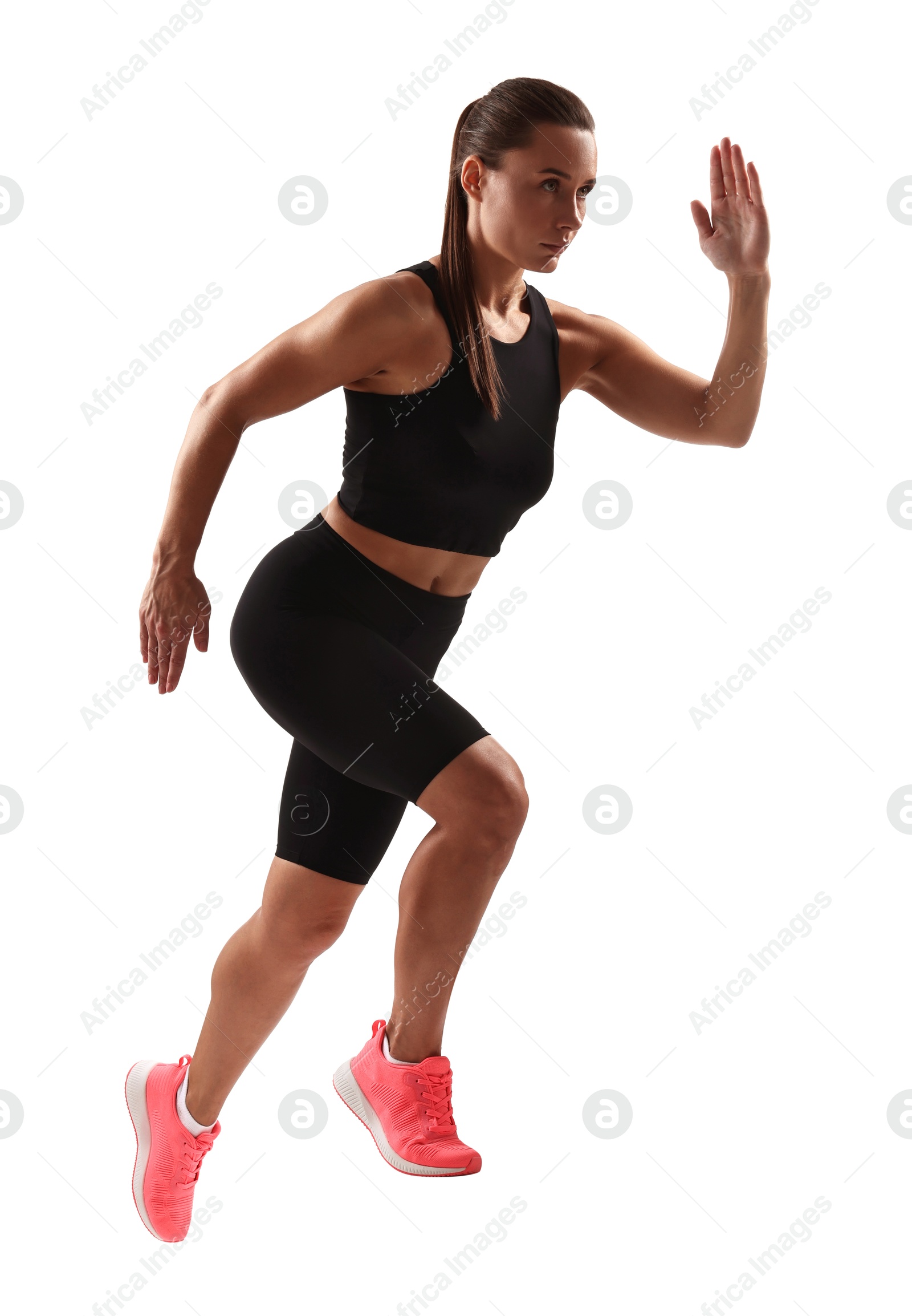 Photo of Woman in sportswear running on white background