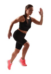 Woman in sportswear running on white background