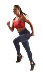 Photo of Woman in sportswear running on white background