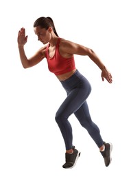 Woman in sportswear running on white background