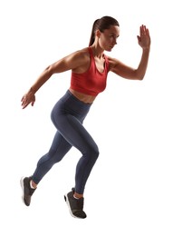 Photo of Woman in sportswear running on white background