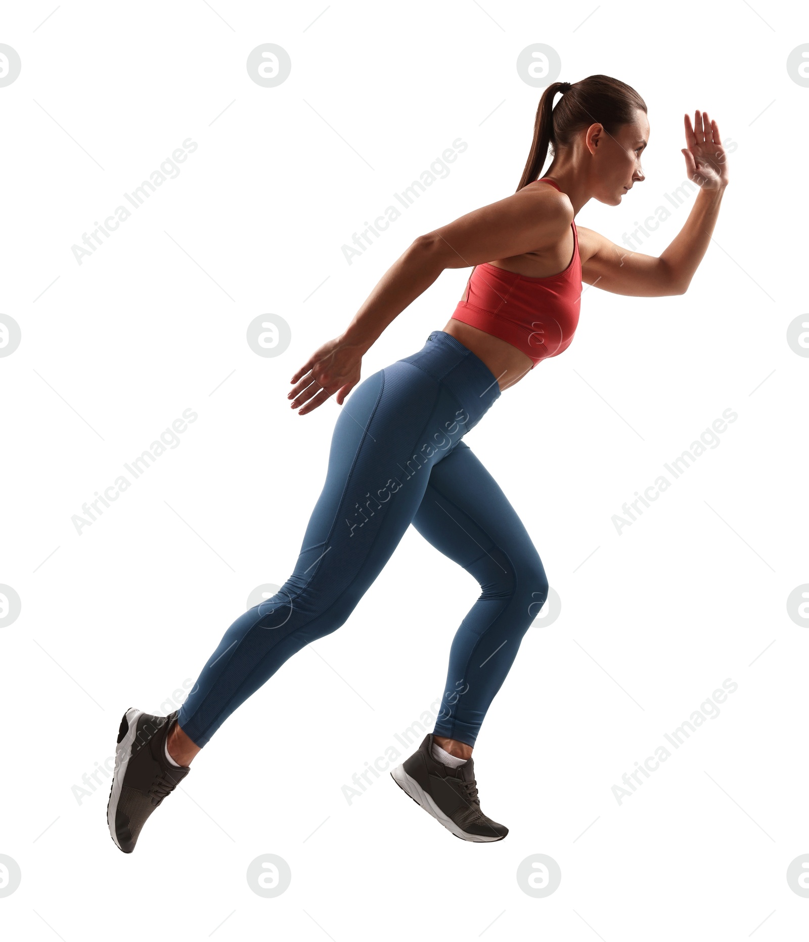 Photo of Woman in sportswear running on white background