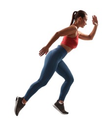 Woman in sportswear running on white background